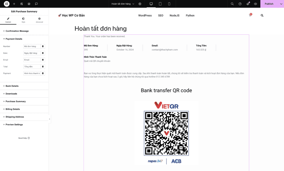 Hướng dẫn WooCommerce: Thiết kế lại trang Order received trên Elementor 13