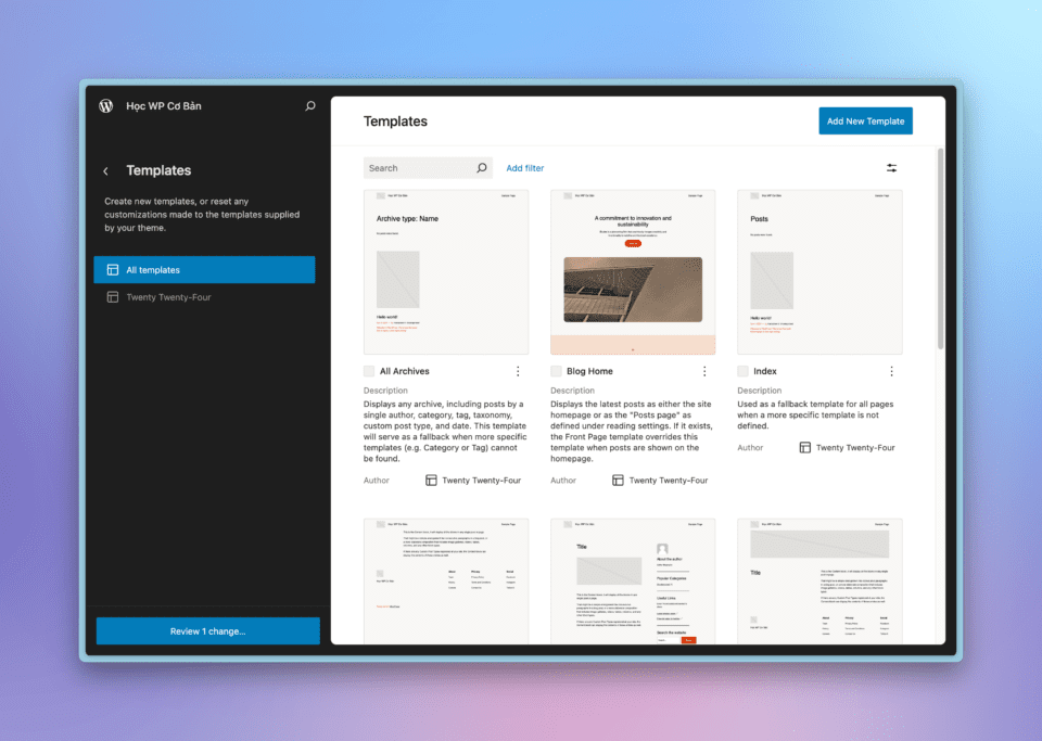 Giao diện quản lý các templates trong Full Site Editing