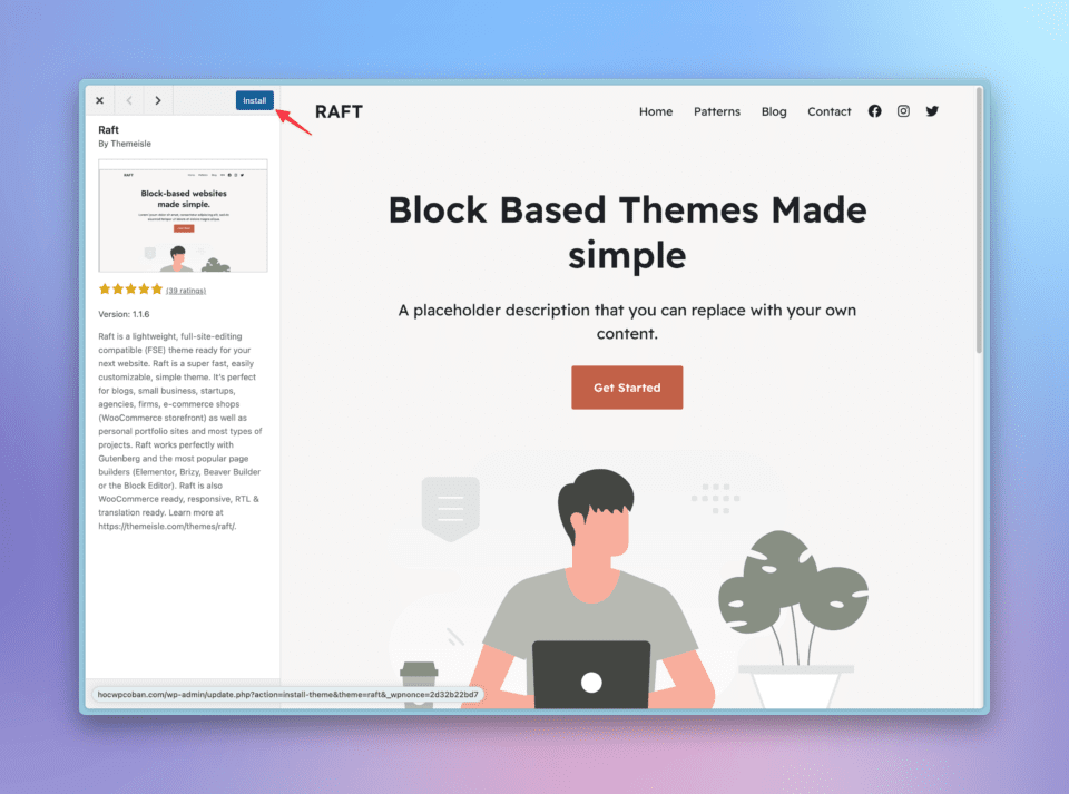 Chọn Install để cài đặt khi xem trước giao diện trong tính năng cài theme của WordPress