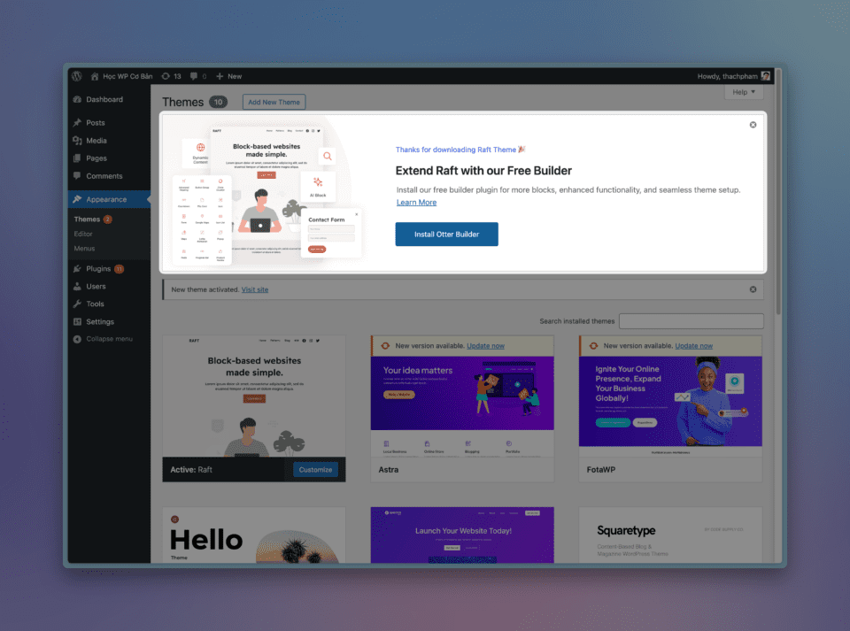 Thông báo cài thêm plugin hỗ trợ ở một số block theme
