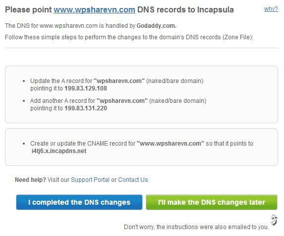 Cập nhật DNS cho tên miền để sủ dụng Incapsula