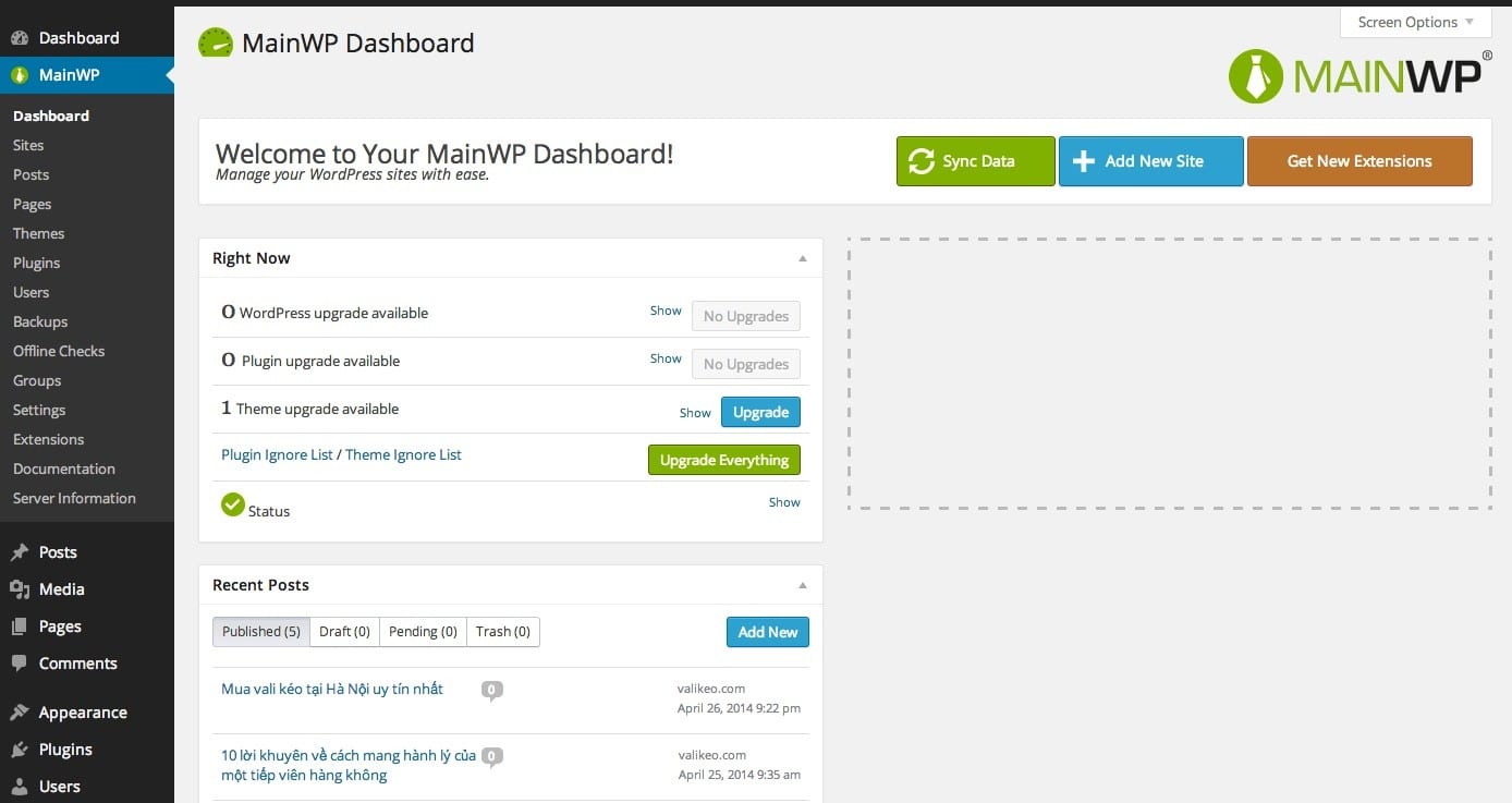 Giao diện Dashboard của MainWP