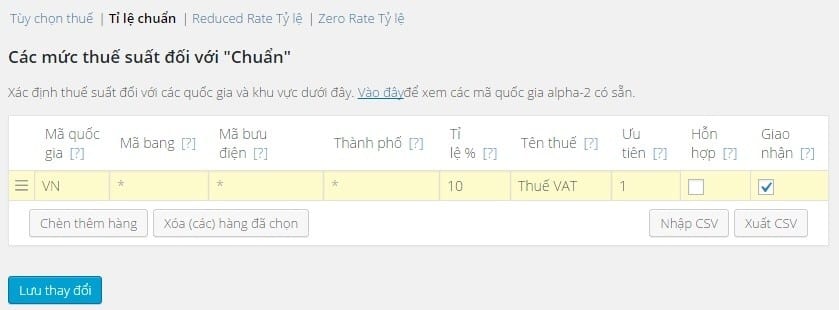 Ví dụ thiết lập thuế VAT tại Việt Nam với tỉ lệ 10%.